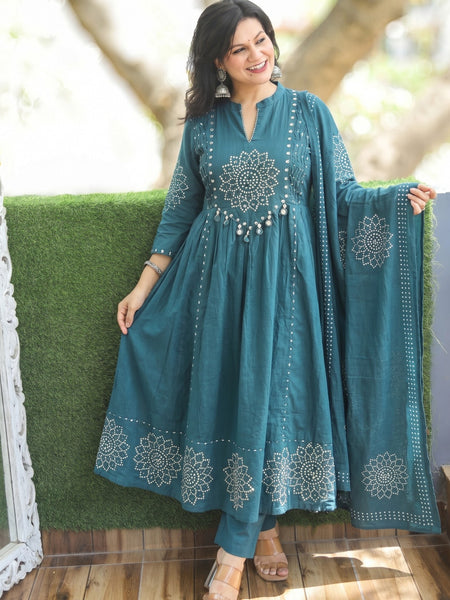 Bandhani Partywear teal blue Anarkali Set