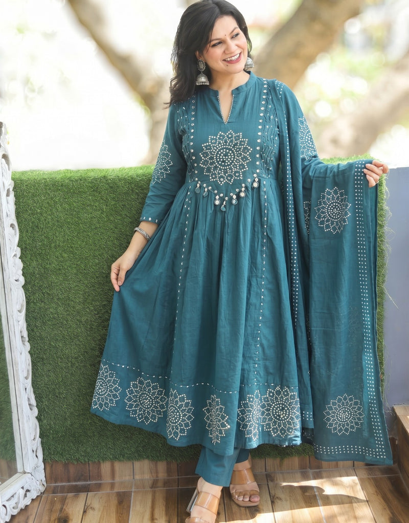 Bandhani Partywear teal blue Anarkali Set