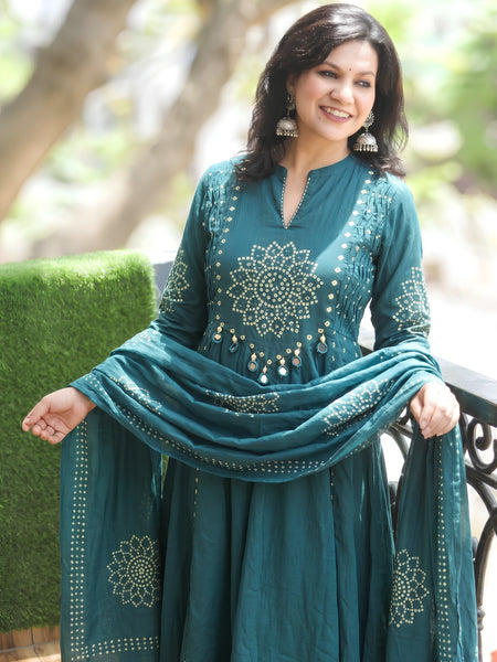 Bandhani Partywear teal blue Anarkali Set