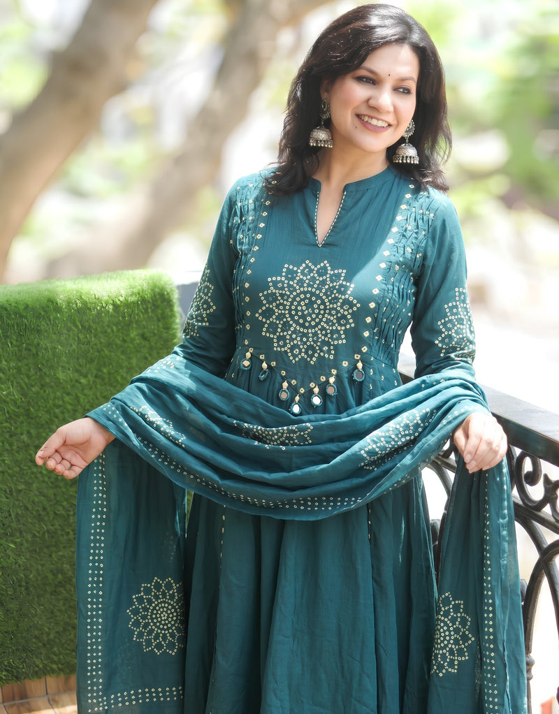 Bandhani Partywear teal blue Anarkali Set