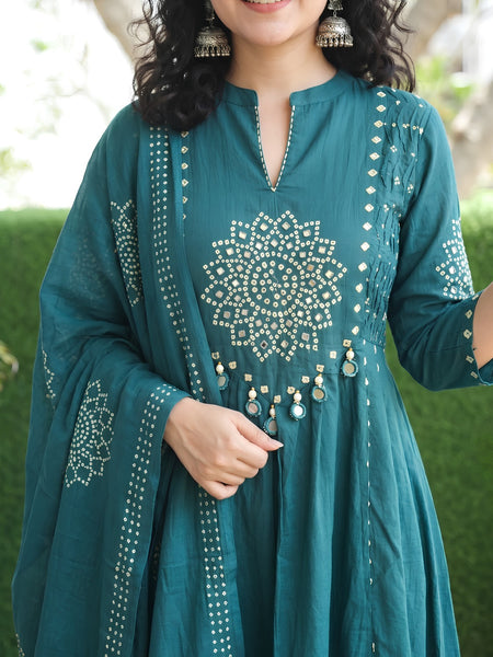 Bandhani Partywear teal blue Anarkali Set