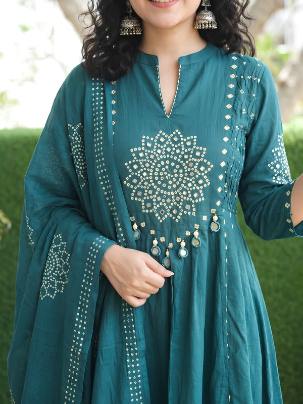 Bandhani Partywear teal blue Anarkali Set